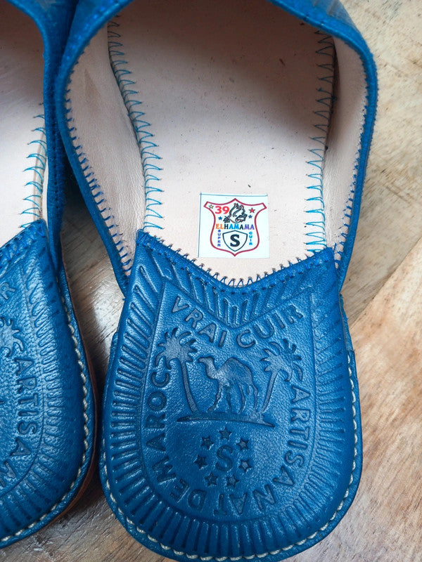 Babouches Berbères bleues en cuir Pointure 39 - Artisanat du Maroc