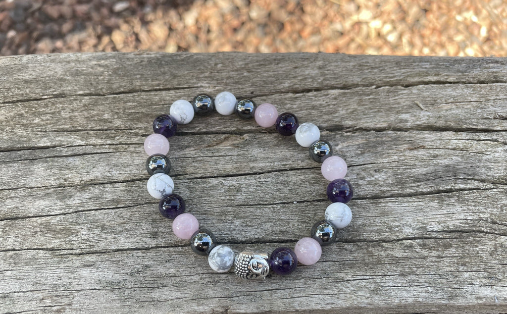 Bracelet élastique de Lithothérapie en Howlite, Quartz Rose, Hématite et Améthyste