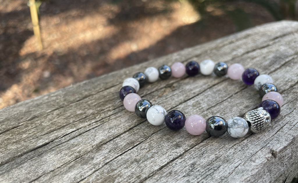 Bracelet élastique de Lithothérapie en Howlite, Quartz Rose, Hématite et Améthyste