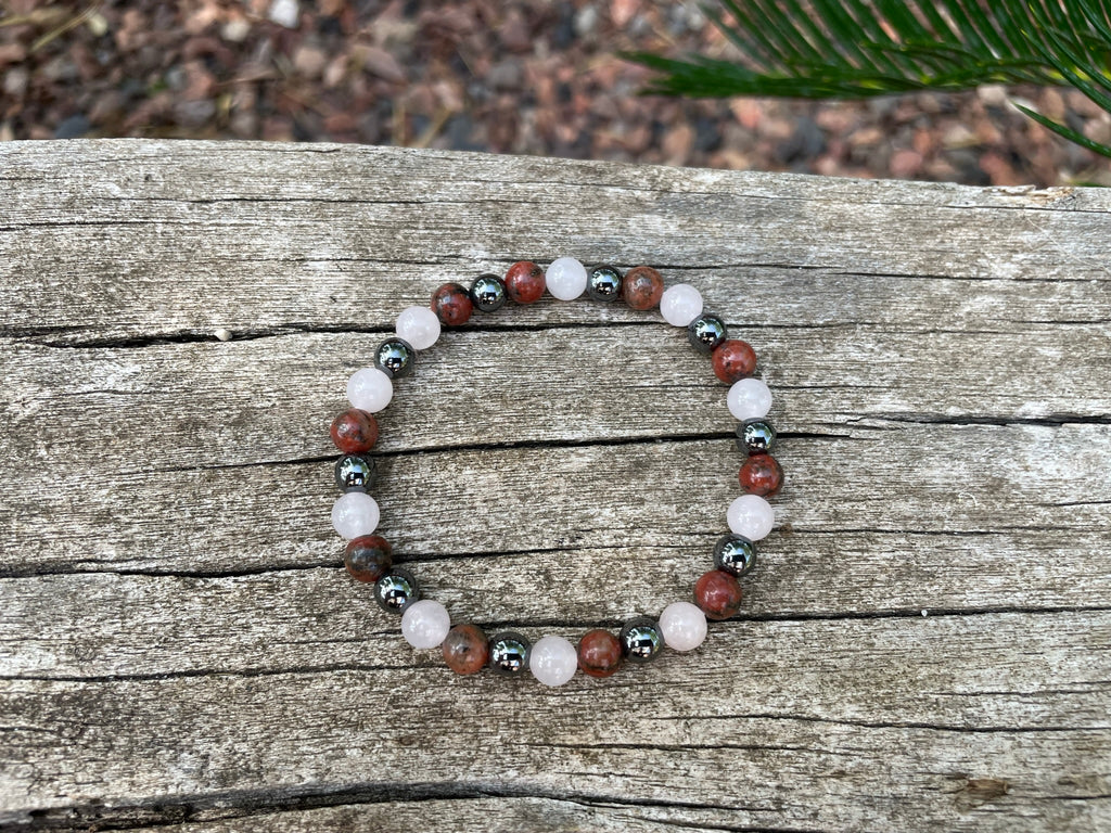 Bracelet élastique de Lithothérapie "Triple Protection" Quartz Rose, Hématite et Jaspe Rouge