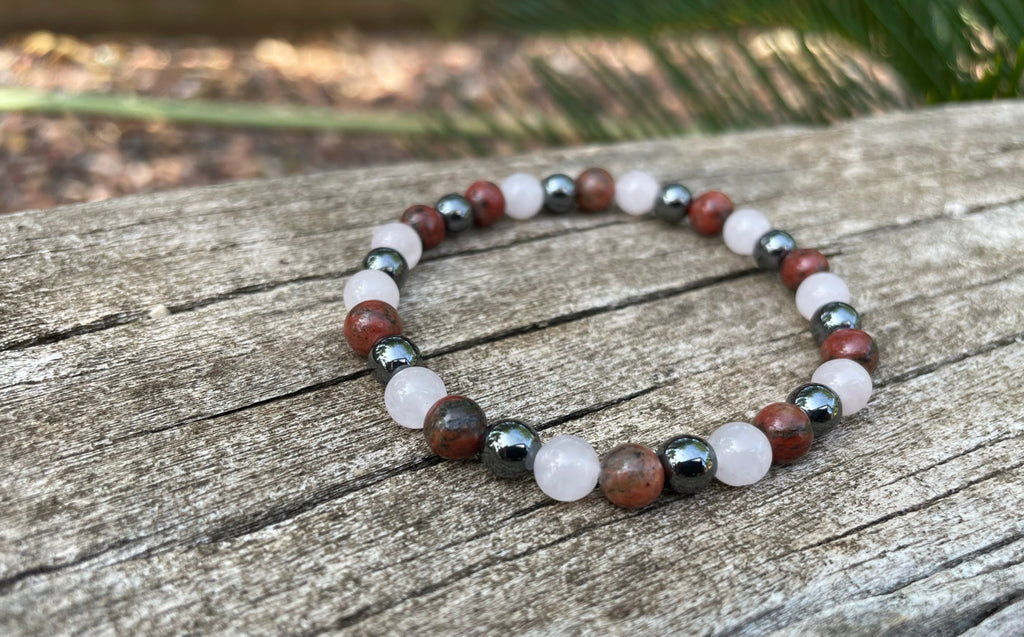 Bracelet élastique de Lithothérapie "Triple Protection" Quartz Rose, Hématite et Jaspe Rouge
