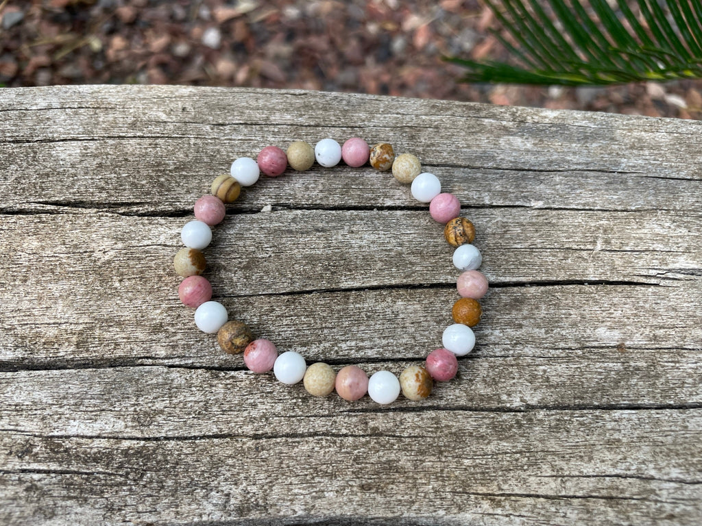 Bracelet élastique de Lithothérapie en Rhodochrosite, Howlite Blanche et Jaspe Paysage