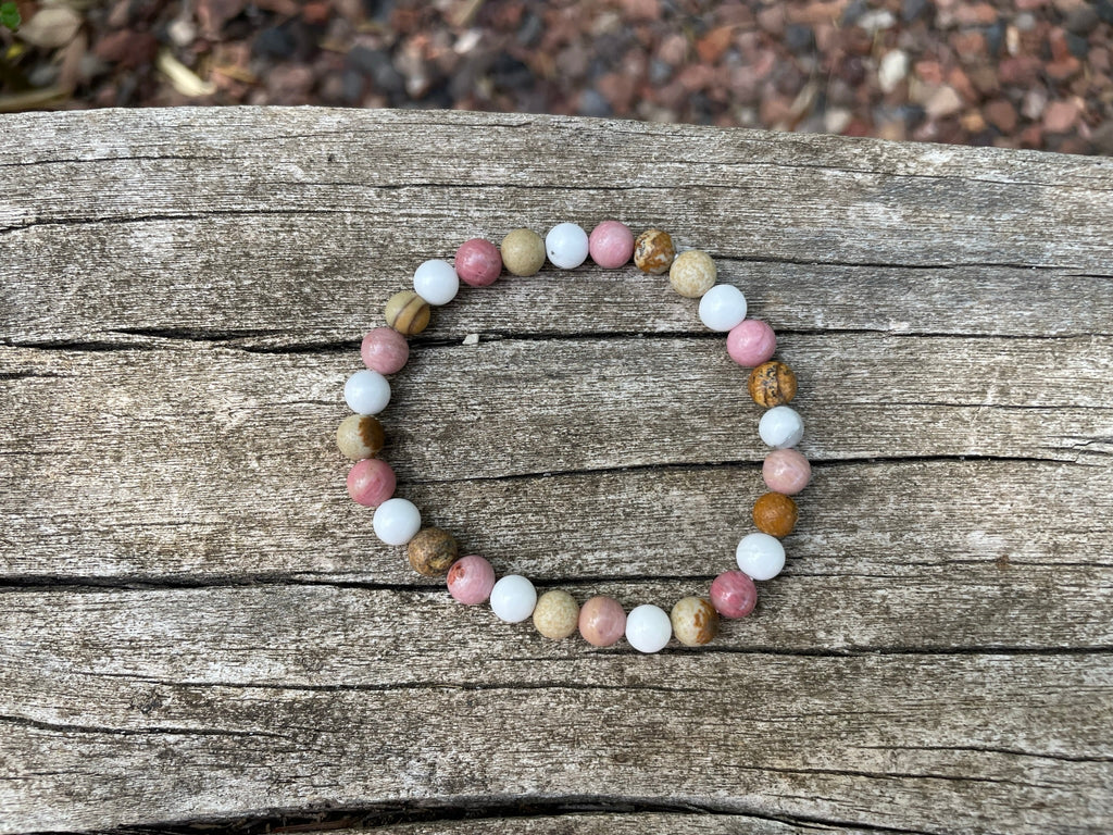 Bracelet élastique de Lithothérapie en Rhodochrosite, Howlite Blanche et Jaspe Paysage