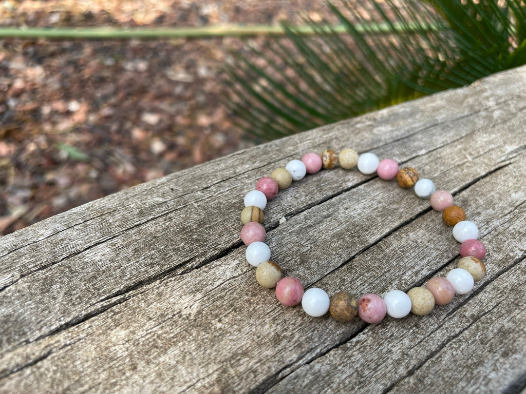 Bracelet élastique de Lithothérapie en Rhodochrosite, Howlite Blanche et Jaspe Paysage