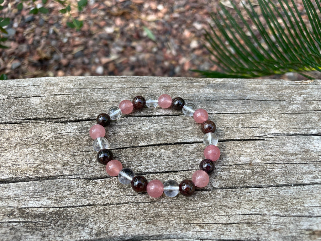 Bracelet élastique en Quartz Fraise, Grenat et Cristal de Roche - 8 mm