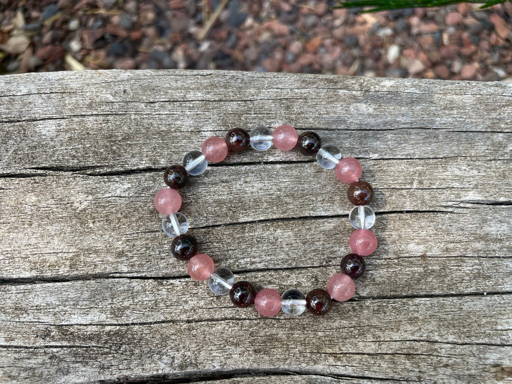 Bracelet élastique en Quartz Fraise, Grenat et Cristal de Roche - 8 mm