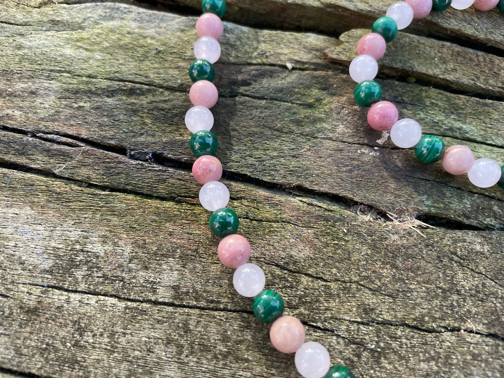 Parure bracelet et collier, Malachite, Quartz Rose et Rhodochrosite, Made in France