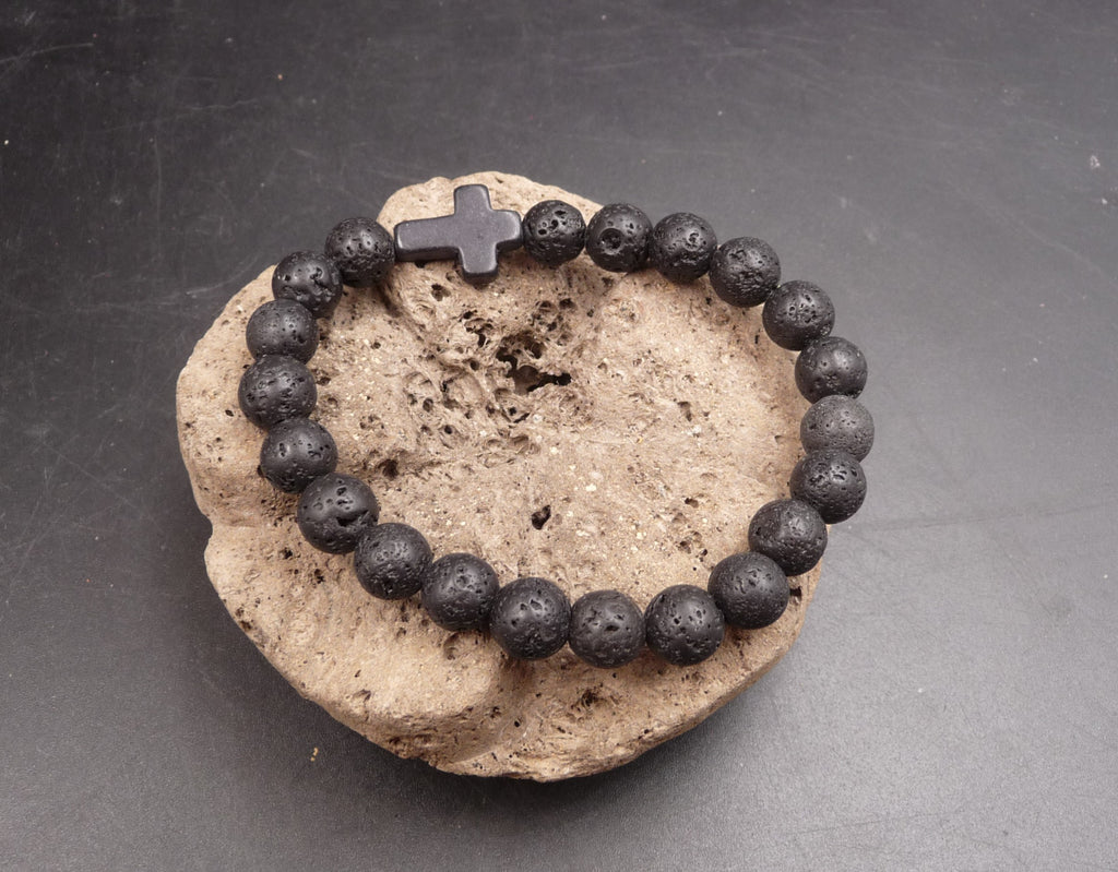 Bracelet en pierre de lave véritable 8 mm + 1 breloque croix en pierre