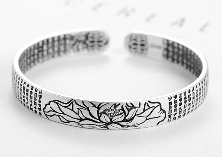 Bracelet Tibétain en argent 999, fleur de lotus, spiritualité, sutra, méditation