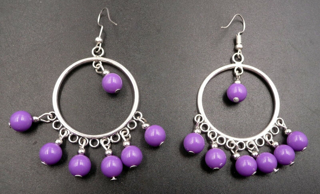 Boucles d'oreilles ethniques orientales pampilles mauves crochets en argent 925