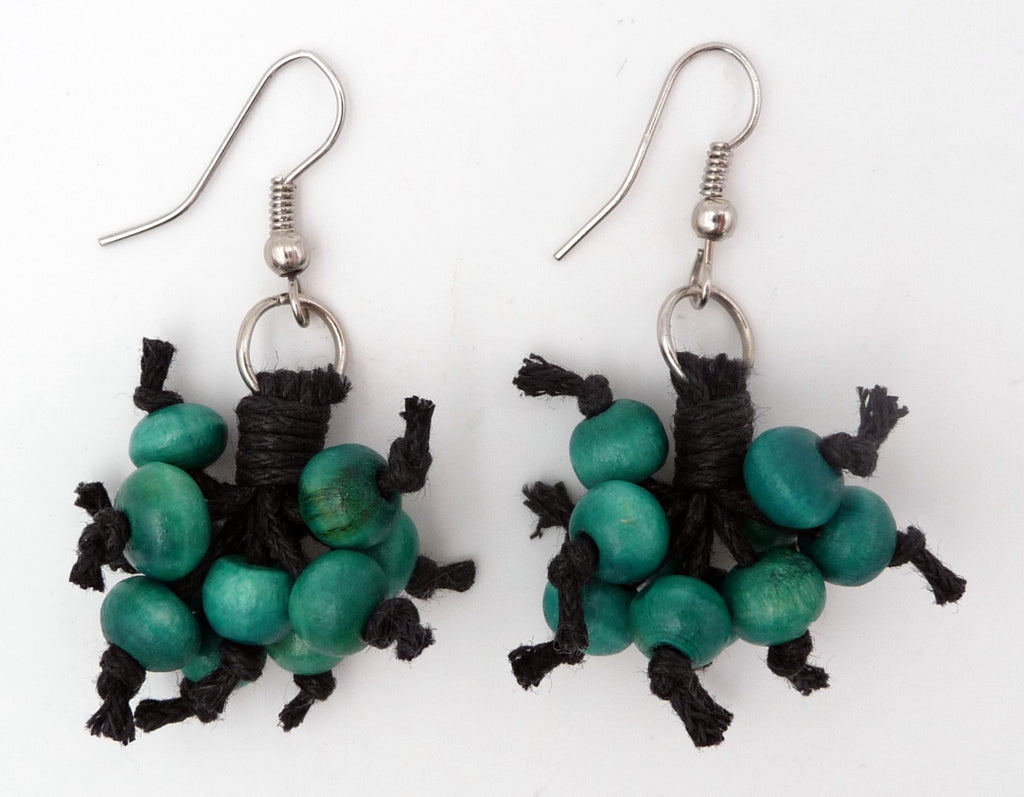 BOUCLES D'OREILLE EN BOIS PEINT BLEU TURQUOISE ET CUIR