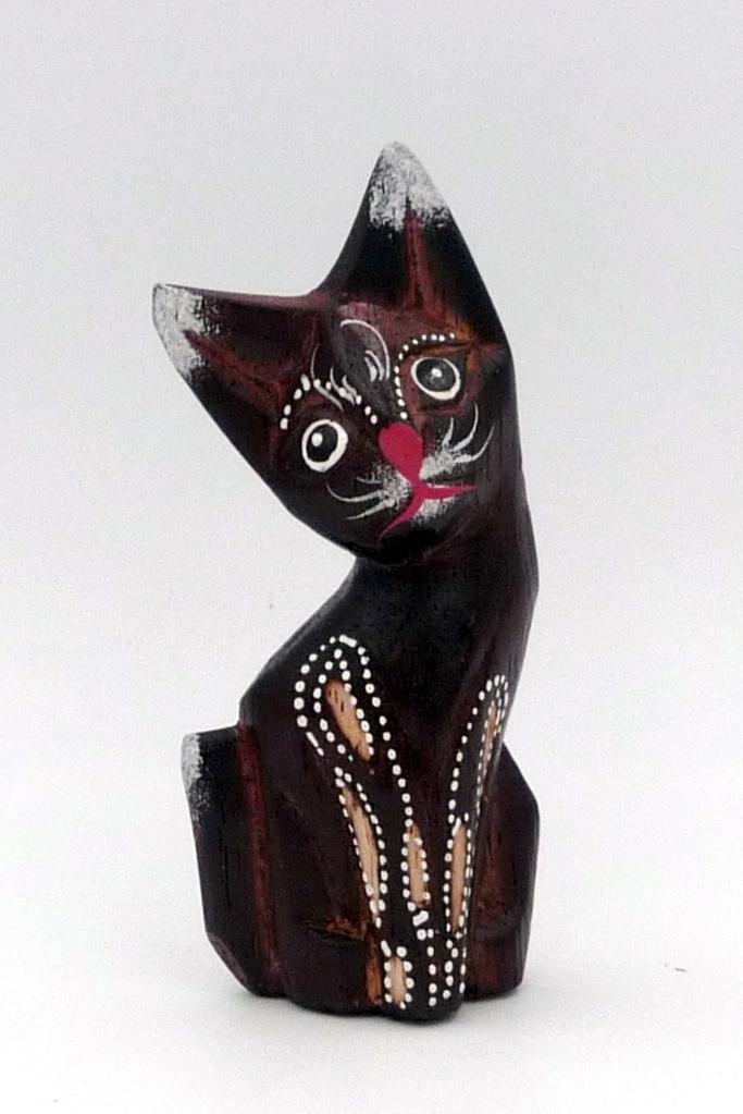Chat en bois peint artisanat Bali Indonésie 11 cm