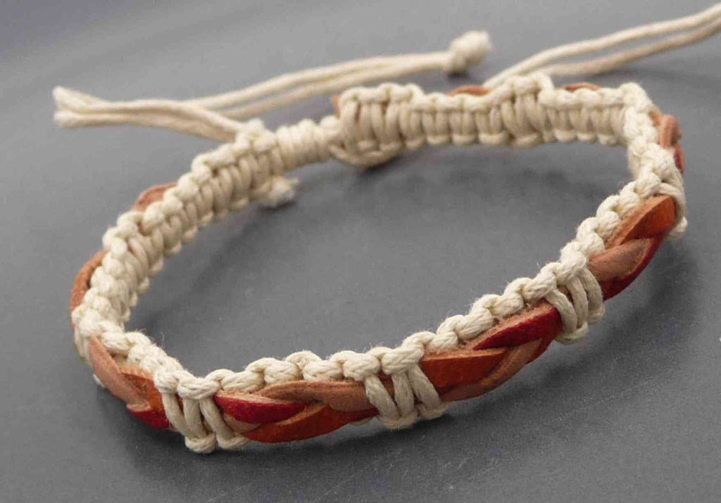 Bracelet réglable unisexe en cuir tressé naturel orange rouge et coton