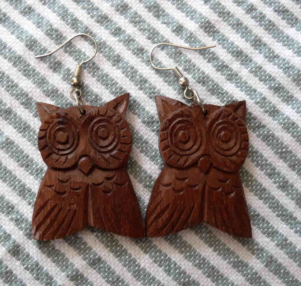 BOUCLES OREILLE CHOUETTE HIBOU EN BOIS DE SUAR