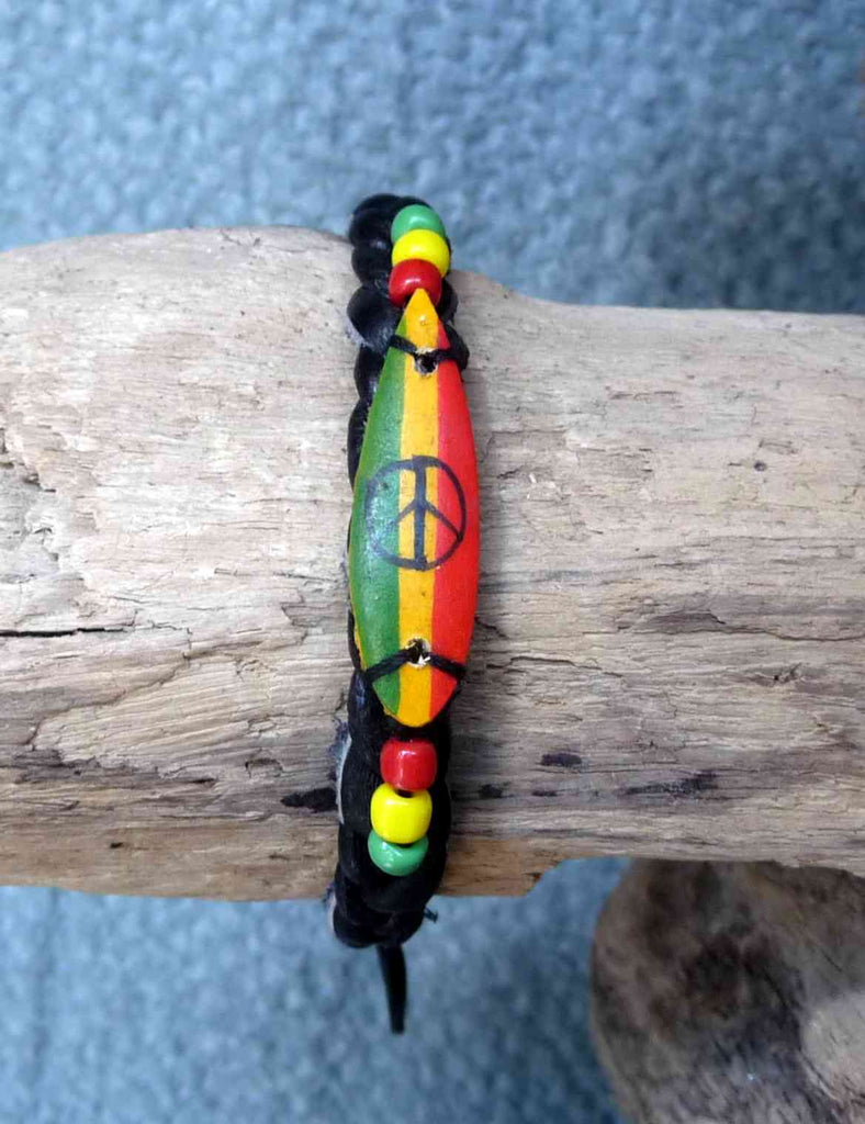 BRACELET RASTA PEACE AND LOVE EN BOIS DE COCOTIER ET CUIR