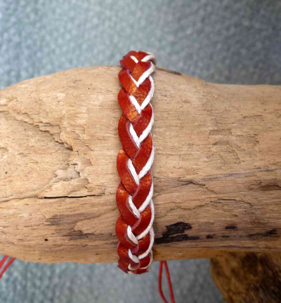 Bracelet en cuir tressé rouge et coton