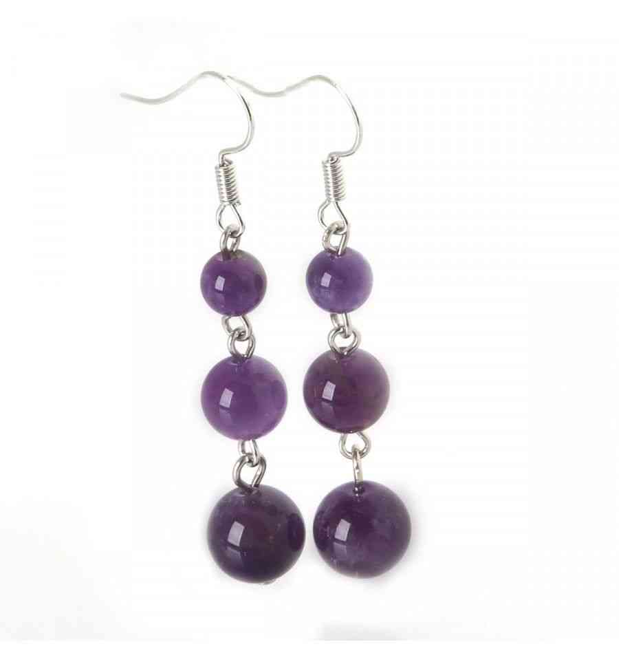 Boucles d'oreilles pendantes 3 boules en Améthyste