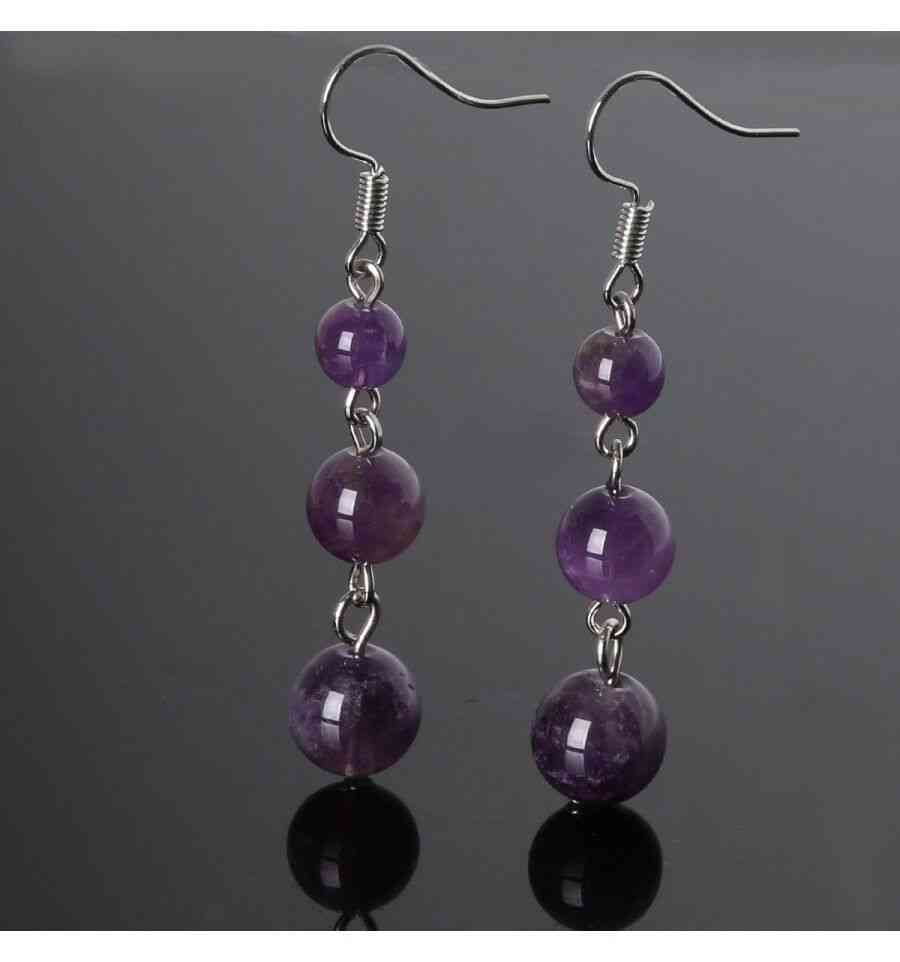 Boucles d'oreilles pendantes 3 boules en Améthyste