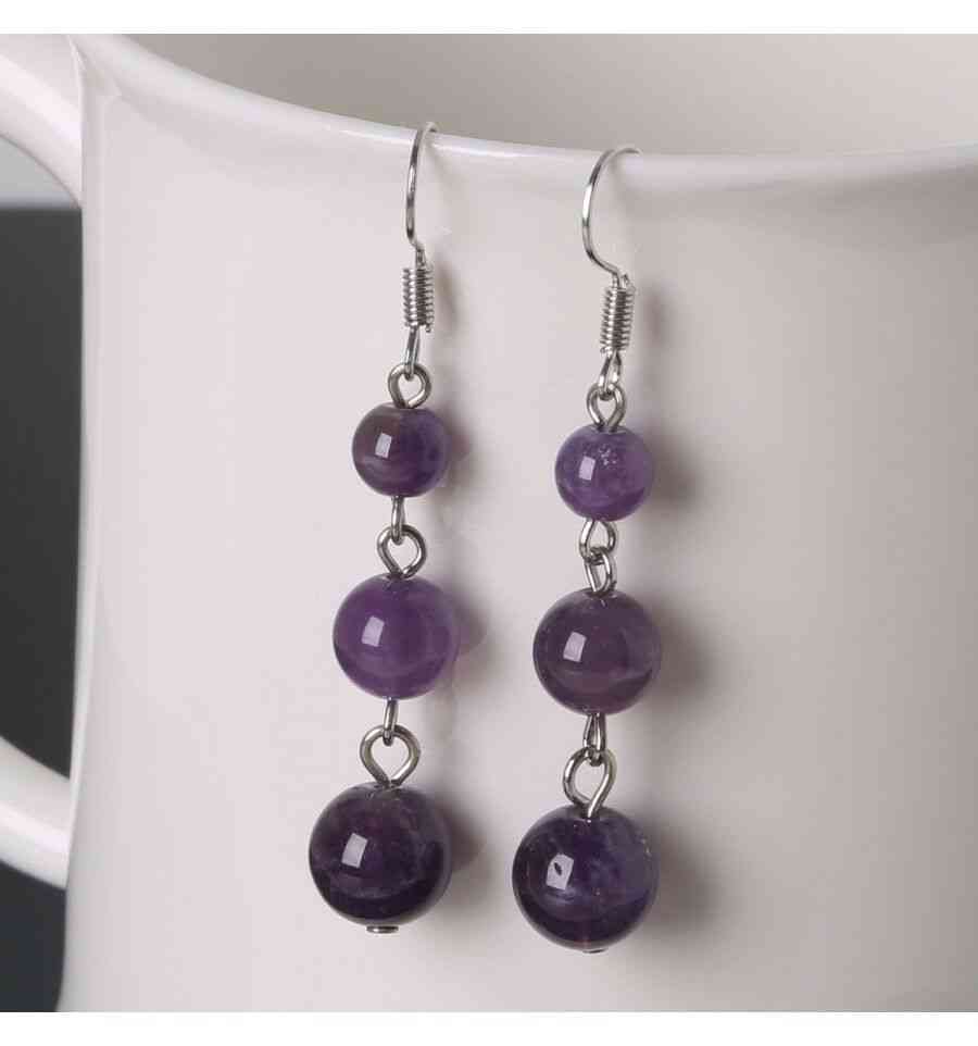 Boucles d'oreilles pendantes 3 boules en Améthyste
