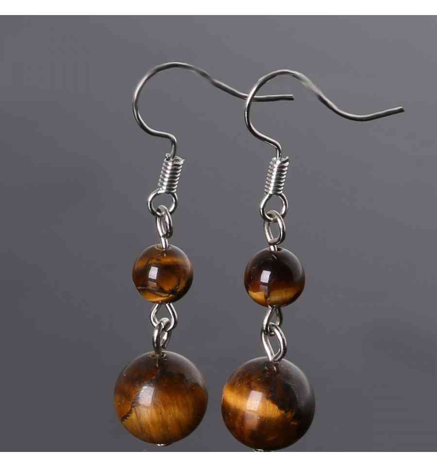 Boucles d'oreilles pendantes 2 boules en Oeil de Tigre