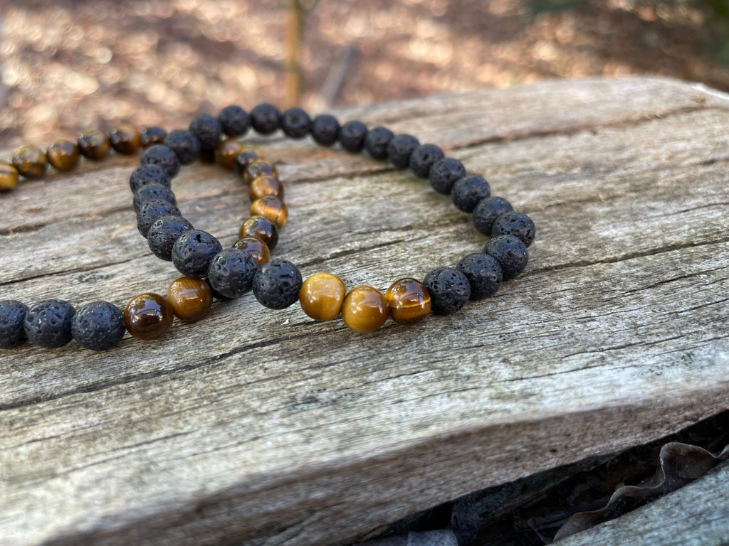Bracelets de distance / couples - Pierre de lave et Oeil de Tigre 6 mm