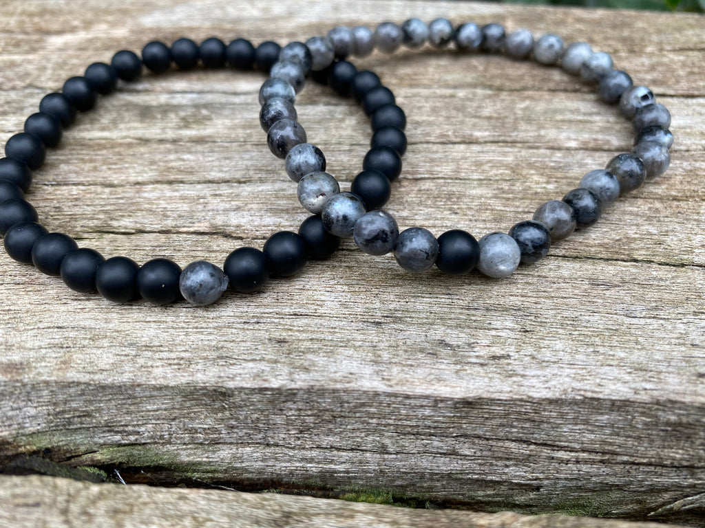Bracelets de distance / couples - Agate noire et Labradorite 6 mm