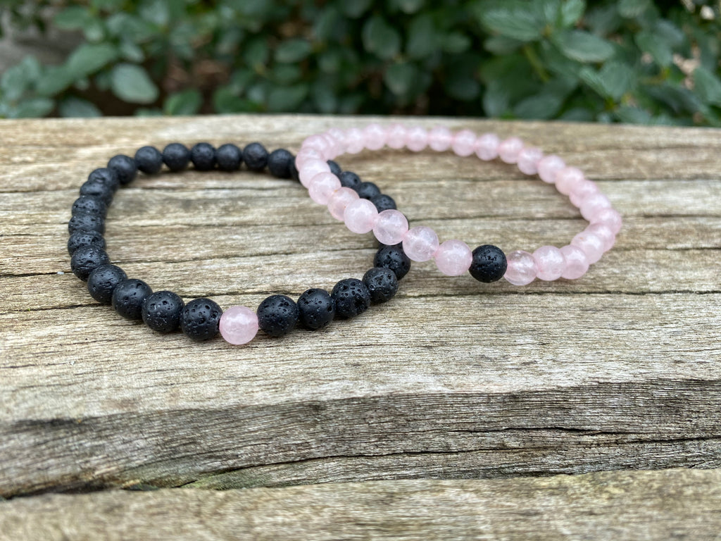 Lot de 2 bracelets de distance / couples - Agate noire et Quartz rose 6 mm