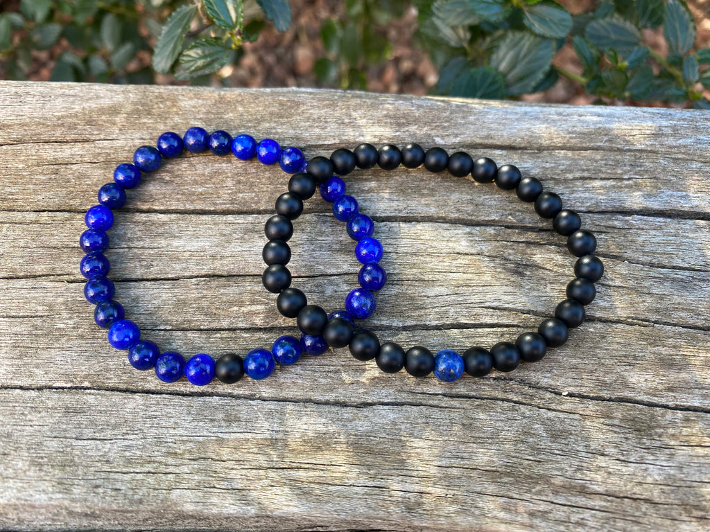 Bracelets de distance / couples - Agate noire et Lapis Lazuli 6 mm