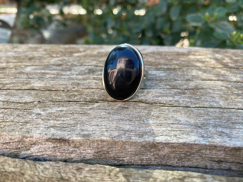 Bague réglable Pierre ovale en Onyx noir d'Uruguay