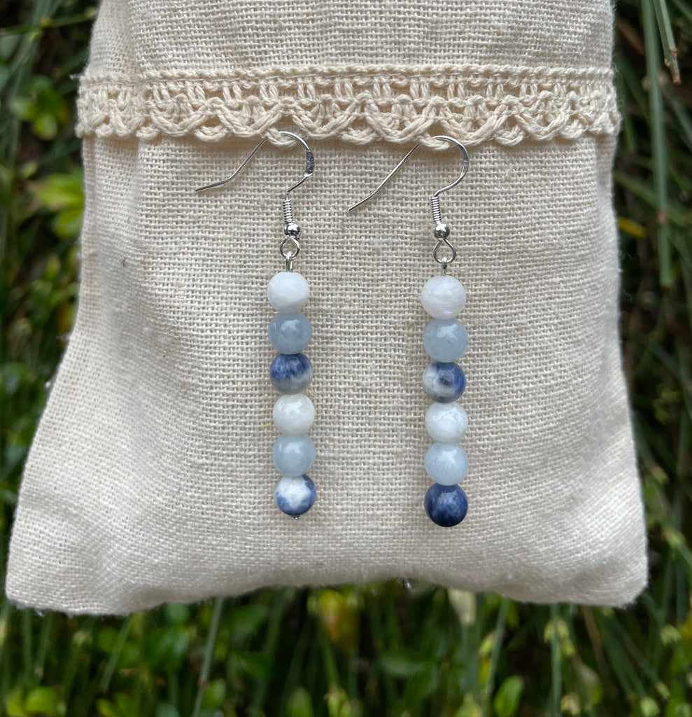 Boucles d'oreilles pendantes "Triple Protection" Pierre de Lune, Sodalite et Aigue Marine
