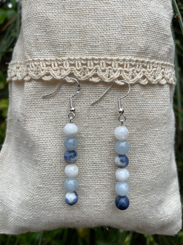 Boucles d'oreilles pendantes "Triple Protection" Pierre de Lune, Sodalite et Aigue Marine