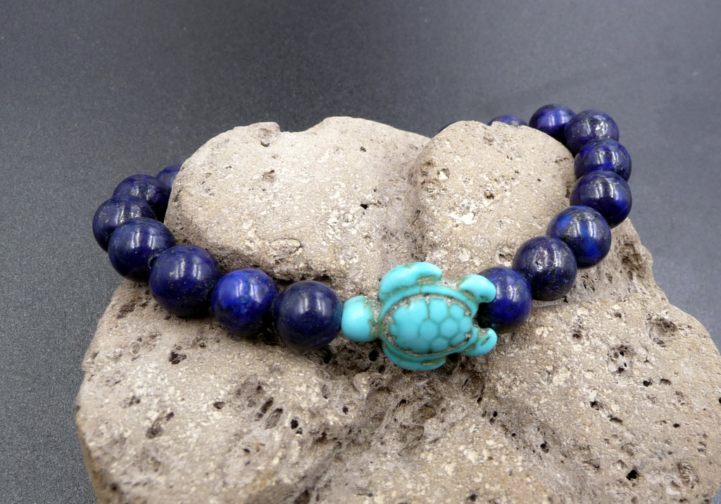 Bracelet en Lapis Lazuli 8 mm + tortue Amérindienne en Howlite Turquoise