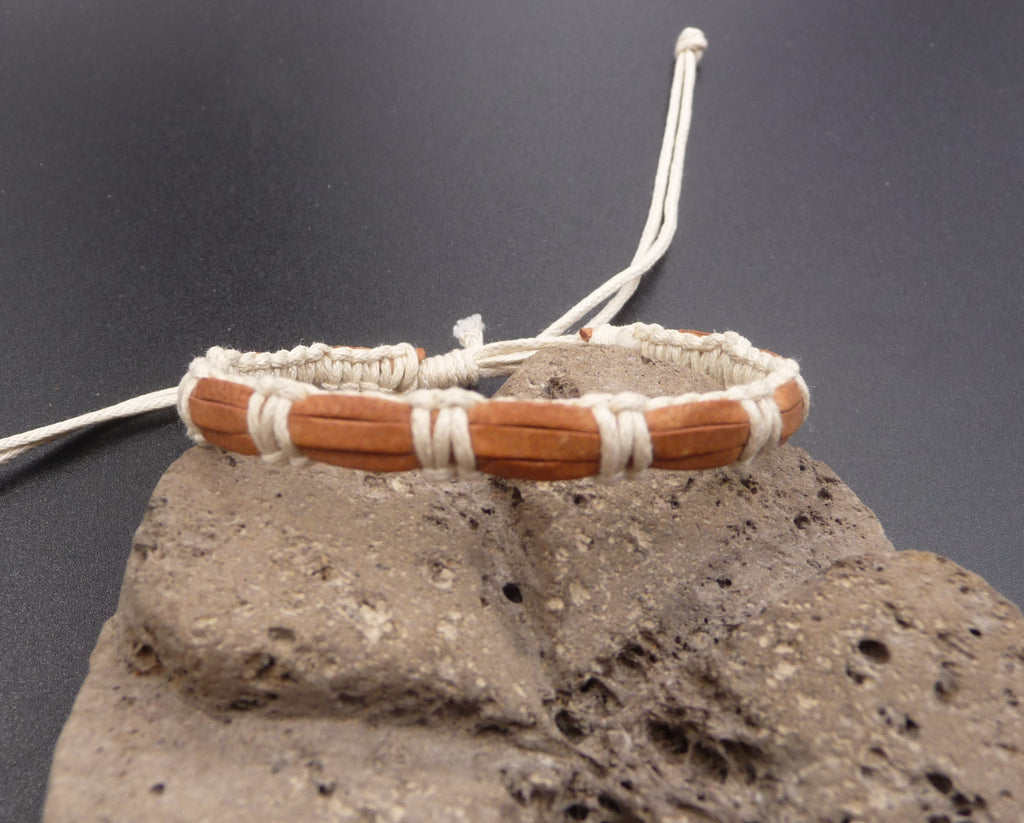 Bracelet réglable unisexe en cuir véritable naturel et coton