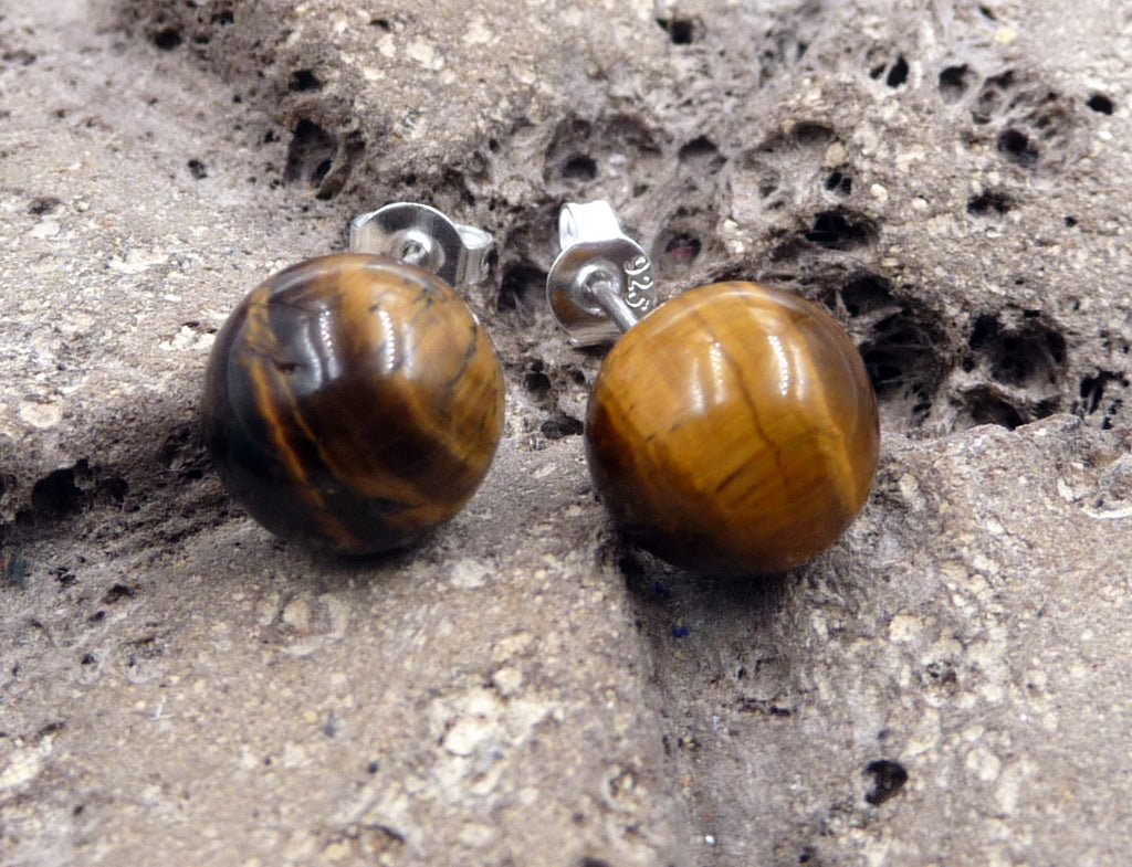 Boucles d'oreilles Clous en Oeil de Tigre d'Afrique du Sud - Crochets argent 925