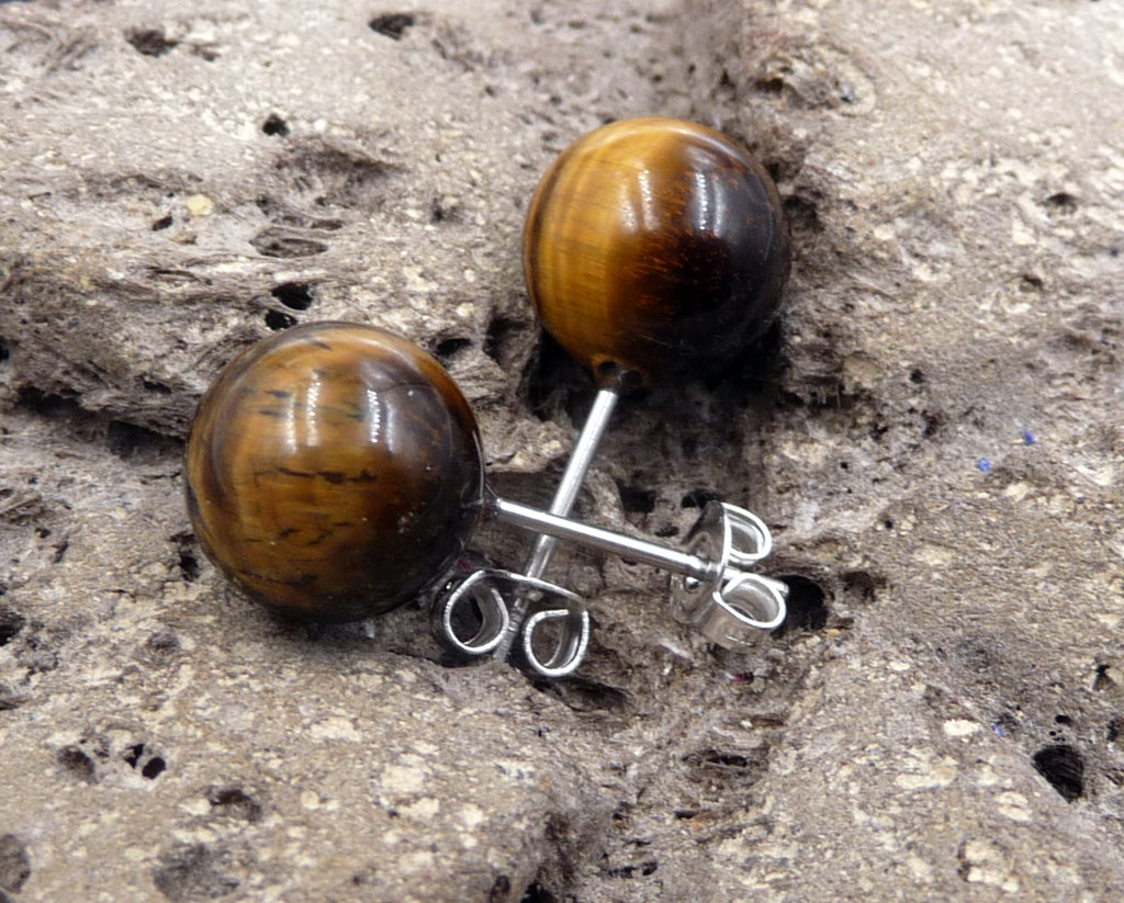 Boucles d'oreilles Clous en Oeil de Tigre d'Afrique du Sud - Crochets argent 925