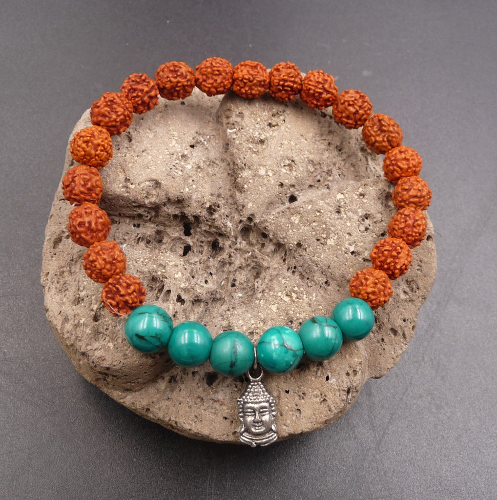 Véritable bracelet Mâlâ graines de Rudraksha et turquoise Africaine avec breloque Bouddha