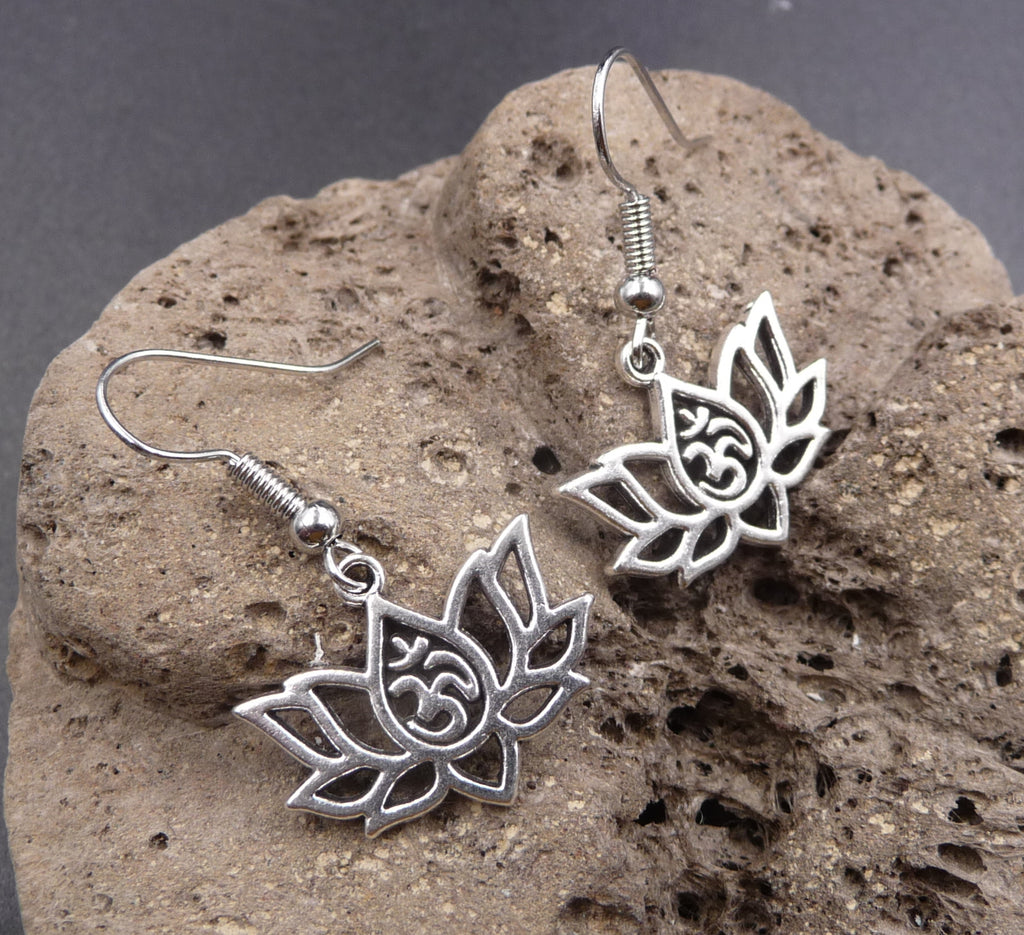 Boucles d'oreilles Fleur de Lotus Om Yoga Méditation crochets en argent 925
