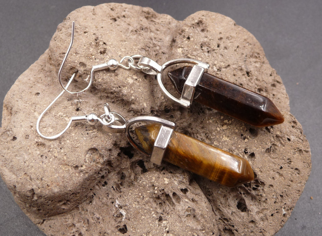 Boucles d'oreilles pendantes Pointes en Oeil de Tigre Naturel