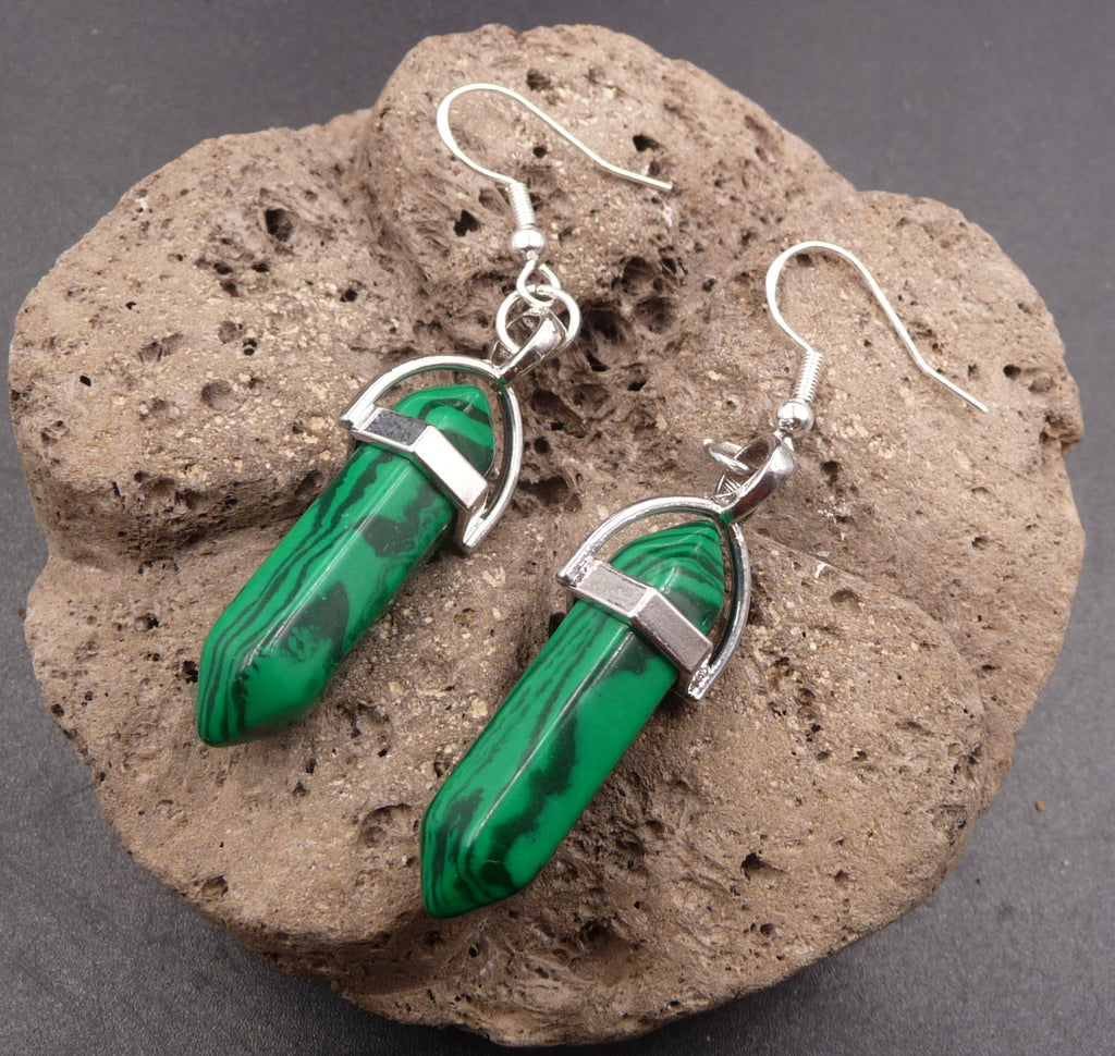 Boucles d'oreilles pendantes Pointes en Malachite - Crochets en argent 925