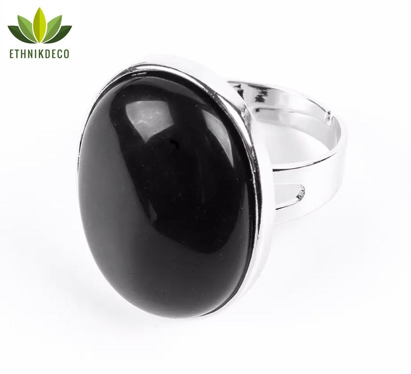 Bague réglable Pierre ovale en Onyx noir d'Uruguay