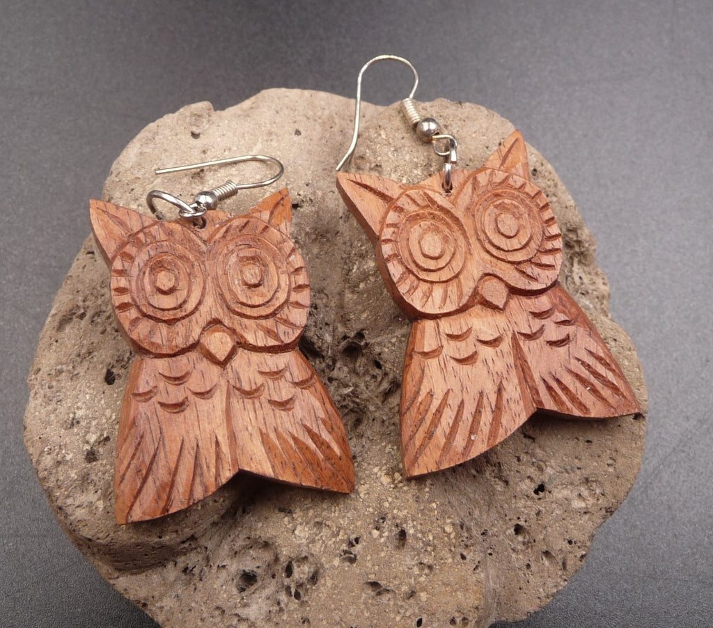 Boucles d'oreilles ethniques chouette hibou en bois de suar