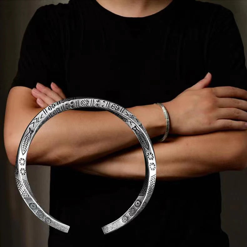Bracelet jonc en argent 925 sterling gravure Poisson, Porte Bonheur Homme / femme