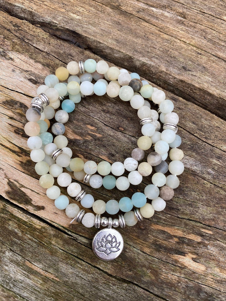Bracelet Mala 108 perles en Amazonite - Symbole fleur de Lotus