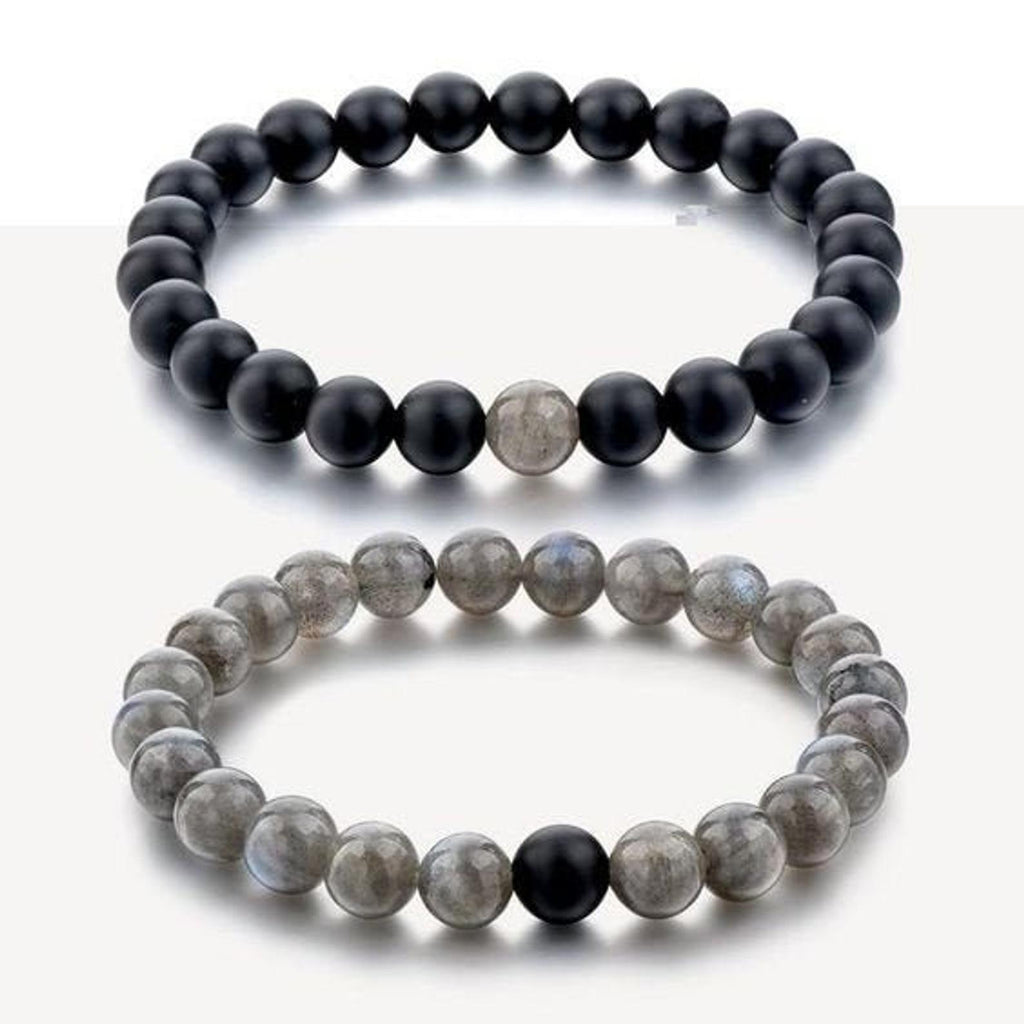 Bracelets de distance / couples - Agate noire et Labradorite 6 mm
