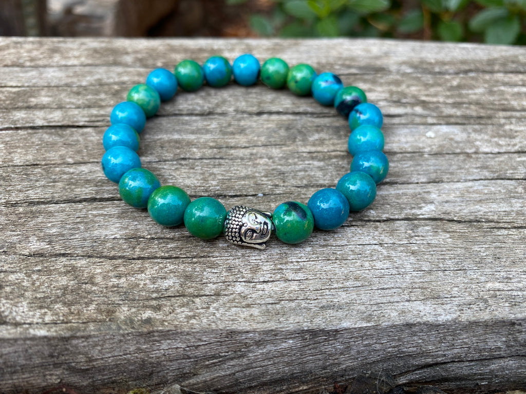Bracelet Lithothérapie en Chrysocolle du Pérou et breloque Bouddha argentée - Pierre tranquille - Boules 8 mm