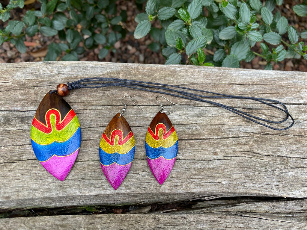 Parure collier + boucles d'oreilles en bois peint multicolore Veronika