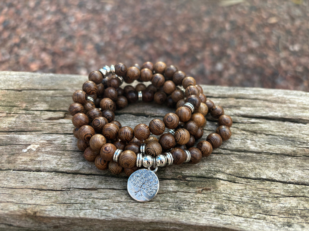 Bracelet Mala Tibétain de méditation 108 perles en bois Wengé et breloque Arbre de vie