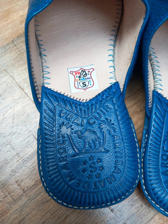 Babouches Berbères bleues en cuir Pointure 39 - Artisanat du Maroc