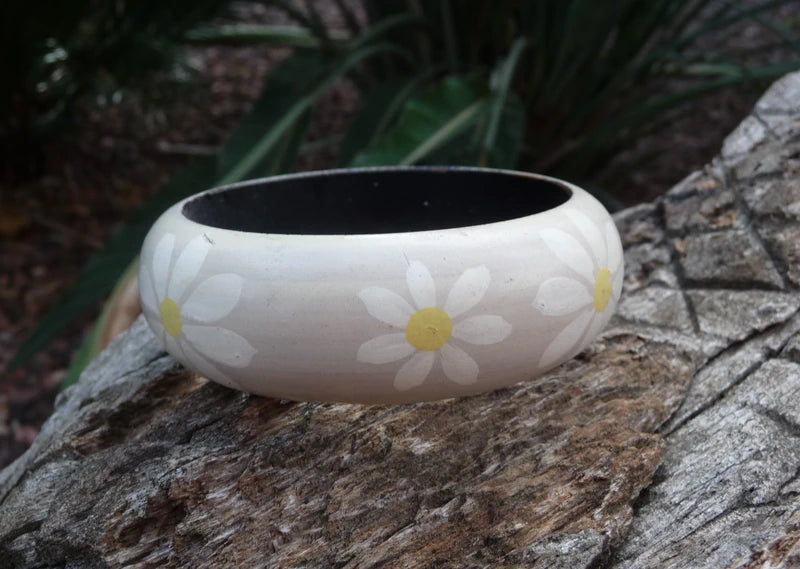 Bracelet jonc Vintage en bois peint motifs floraux - Artisanat Inde Gujarat