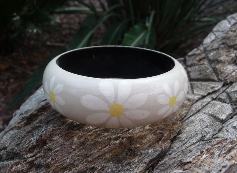 Bracelet jonc Vintage en bois peint motifs floraux - Artisanat Inde Gujarat